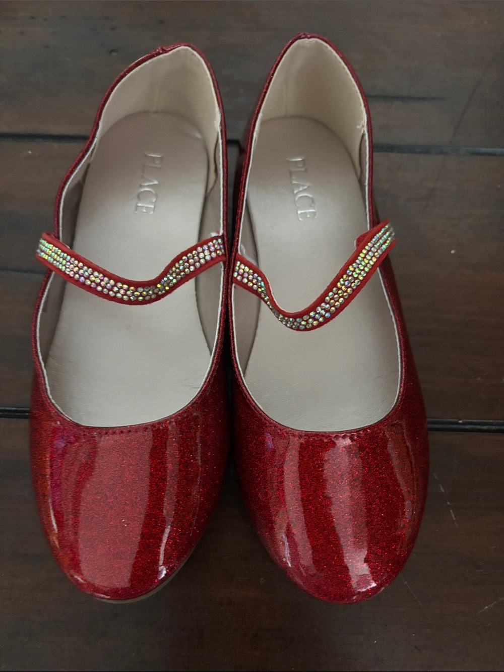 Place Red Glitter Mary Jane Flats with Rhinestone Strap